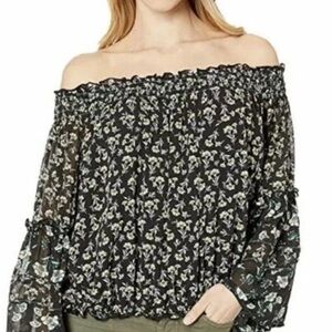 Free People Black Floral Off-Shoulder Bell Sleeve Blouse Boho/Romantic Sm EUC